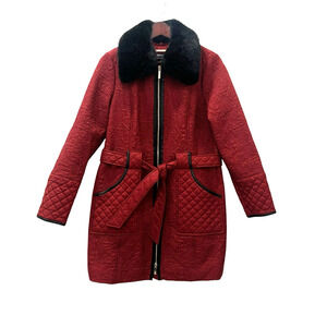 Dennis Basso Madison Avenue Embroidered Quilted Coat Red Belted Size Medium